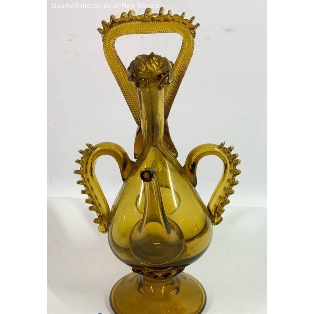 Early 20th C. Catalan Yellow Hand Blown Glass Double Cruet Bottle, 1930's Spain